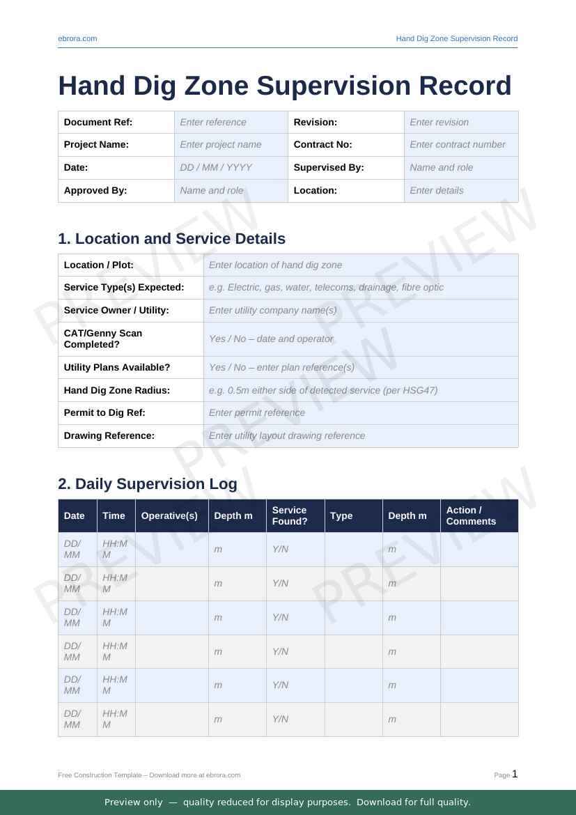 Preview of Hand Dig Zone Supervision Record — first two pages at A4 size