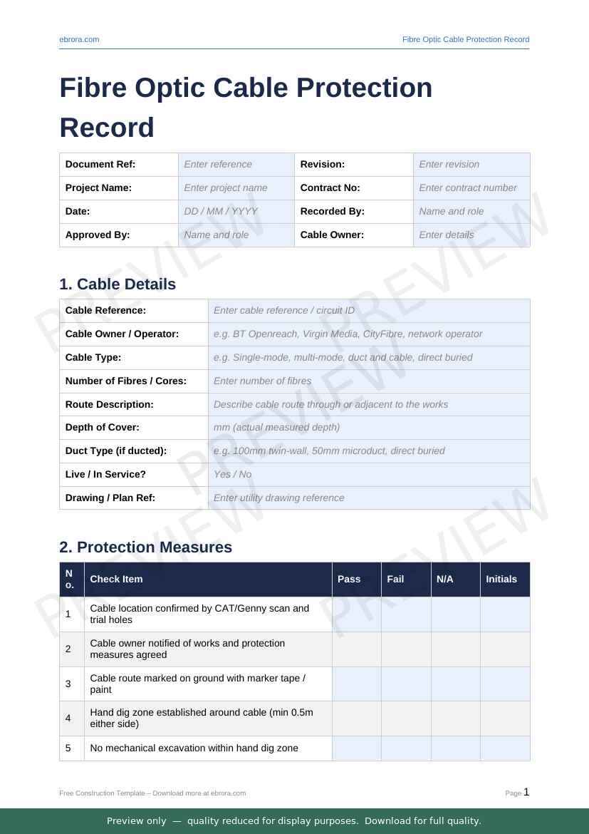 Preview of Fibre Optic Cable Protection Record — first two pages at A4 size