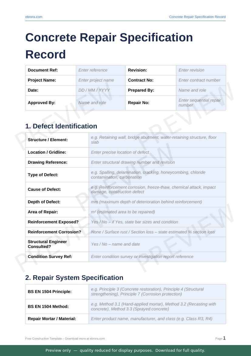 Preview of Concrete Repair Specification Record — first two pages at A4 size