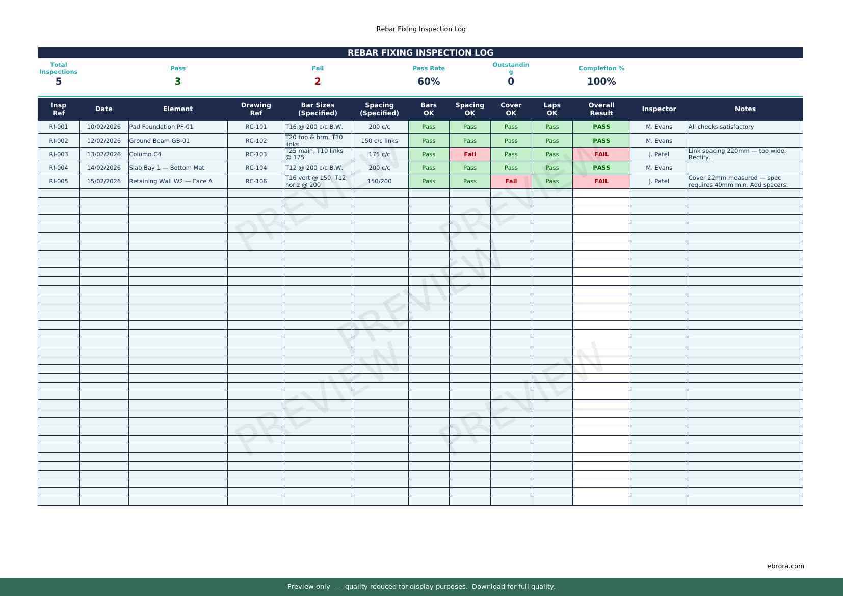Preview of Rebar Fixing Inspection Log — first two pages at A4 size