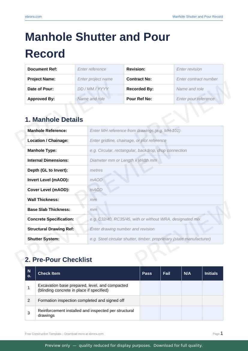 Preview of Manhole Shutter and Pour Record — first two pages at A4 size