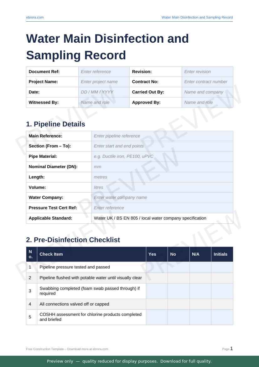 Preview of Water Main Disinfection and Sampling Record — first two pages at A4 size