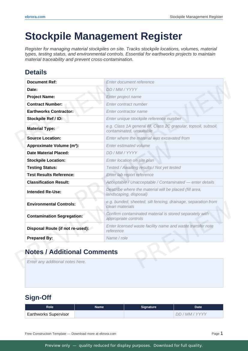 Preview of Stockpile Management Register — first two pages at A4 size