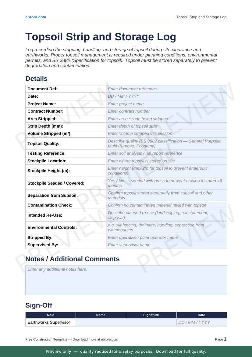 Preview of Topsoil Strip and Storage Log — first two pages at A4 size