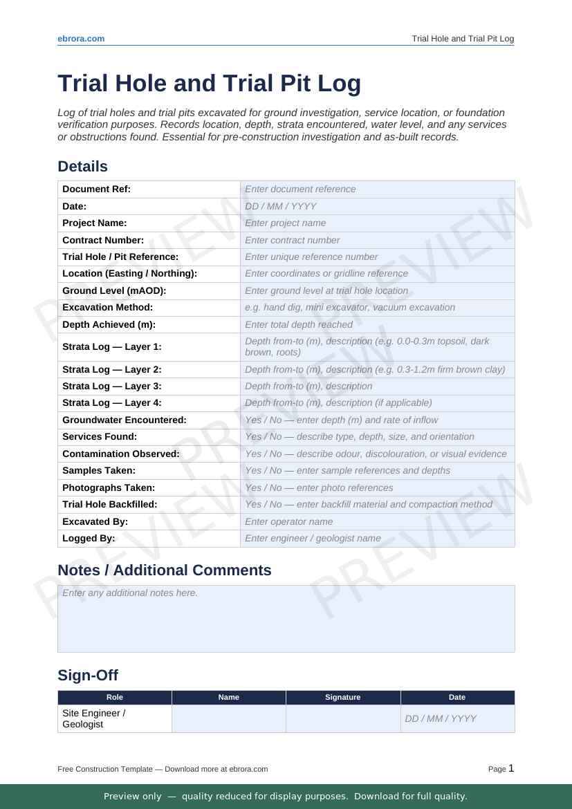 Preview of Trial Hole and Trial Pit Log — first two pages at A4 size