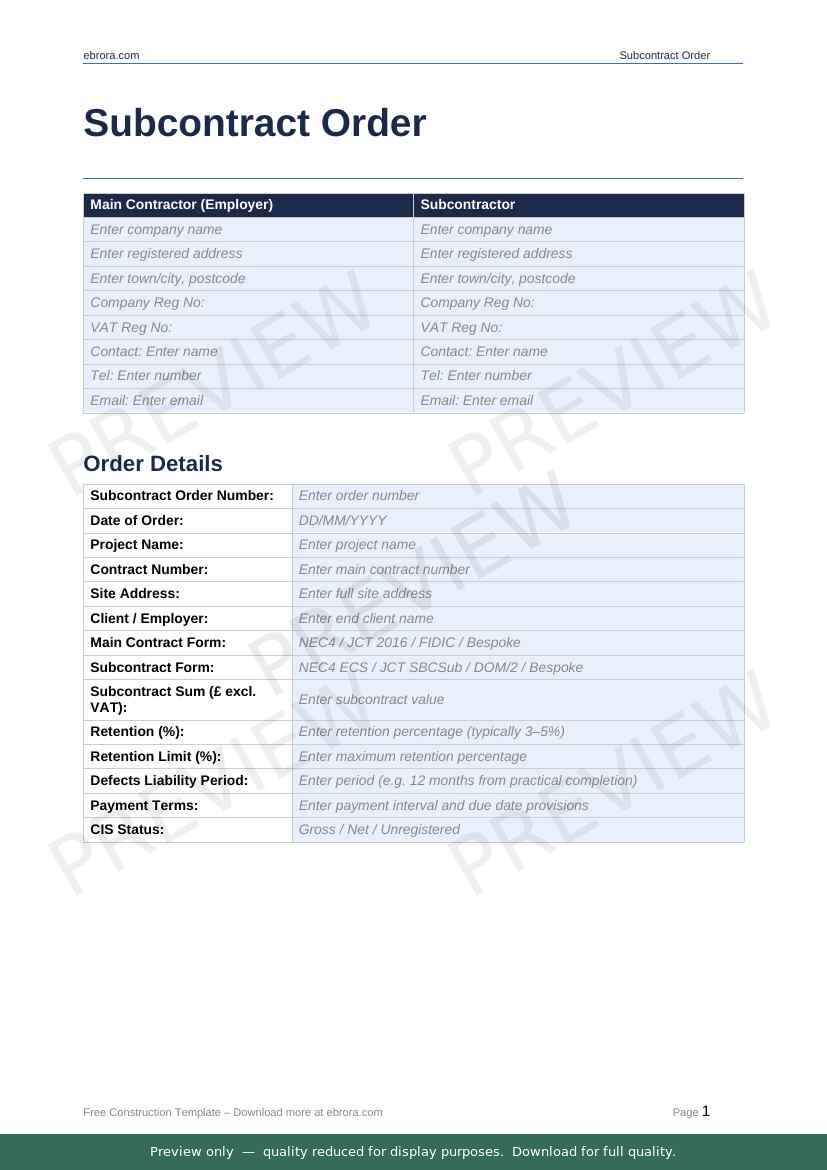 Preview of Subcontract Order Template — first two pages at A4 size