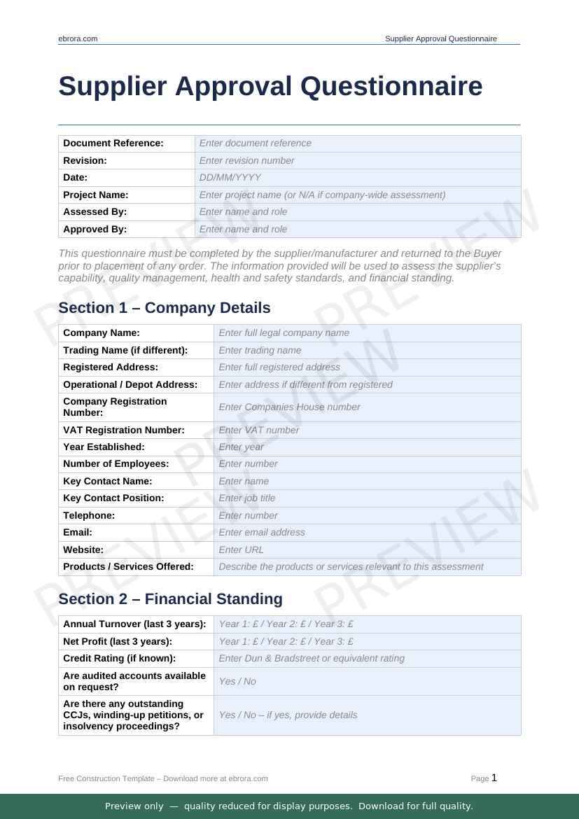 Preview of Supplier Approval Questionnaire — first two pages at A4 size