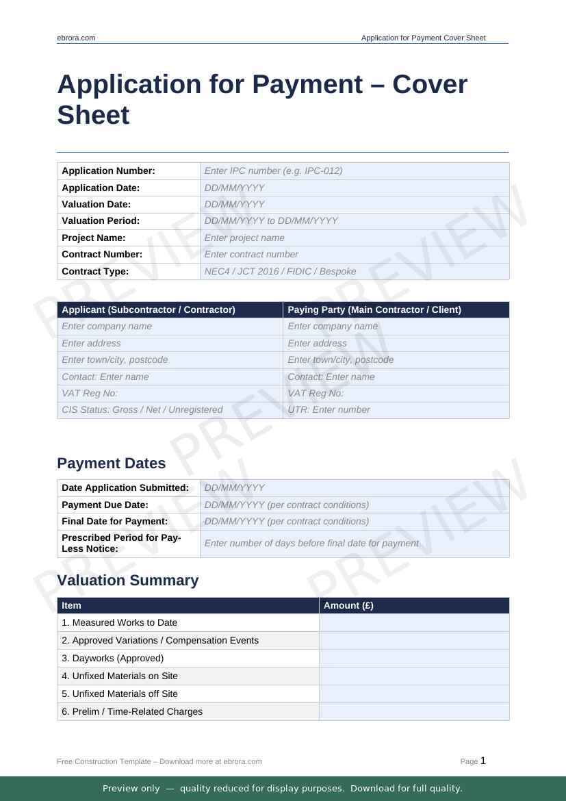 Preview of Application for Payment Cover Sheet — first two pages at A4 size