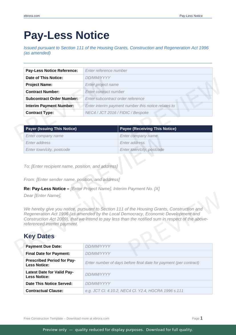 Preview of Pay Less Notice Template — first two pages at A4 size