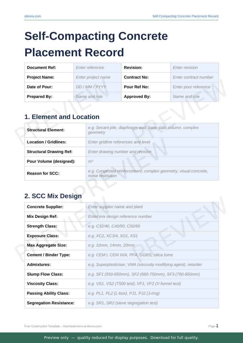 Preview of Self Compacting Concrete Placement Record — first two pages at A4 size