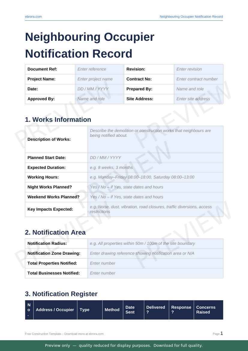Preview of Neighbouring Occupier Notification Record — first two pages at A4 size