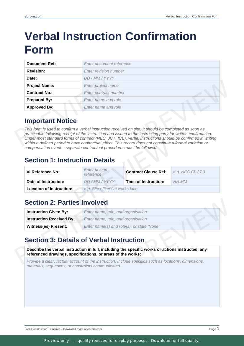 Preview of Verbal Instruction Confirmation Form — first two pages at A4 size