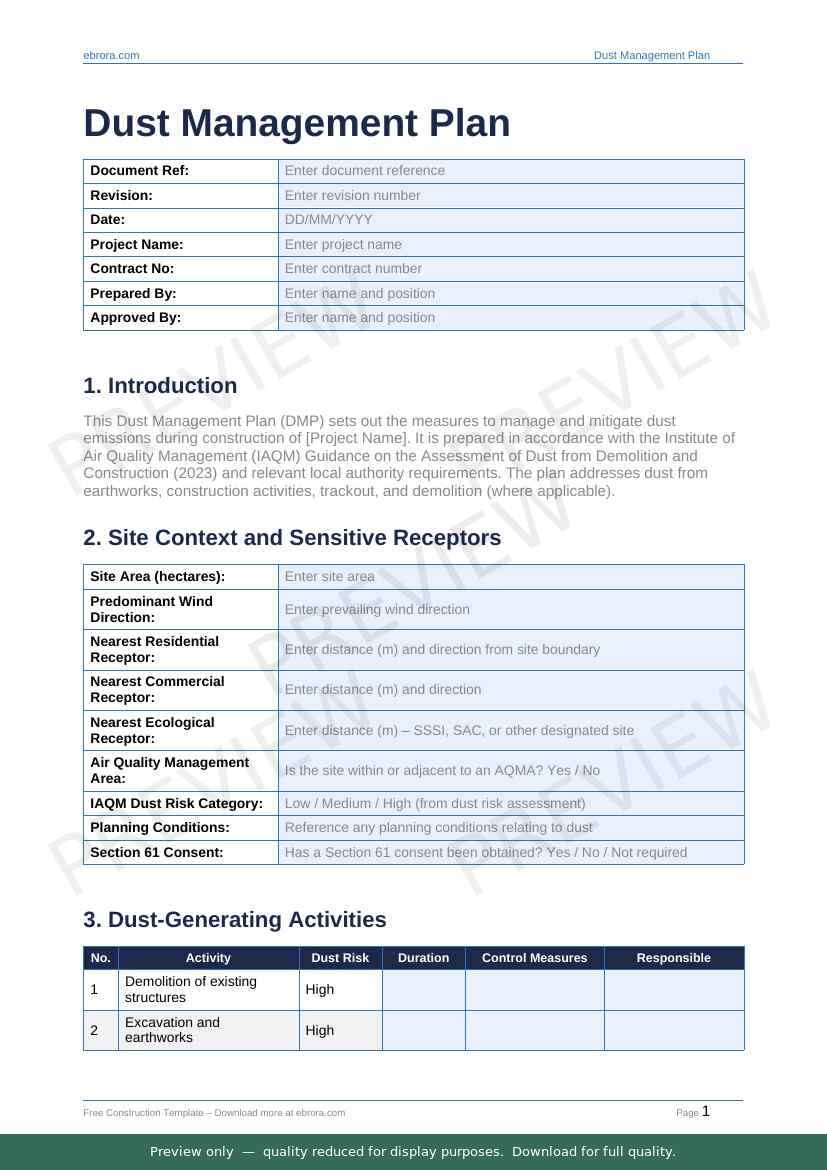 Preview of Dust Management Plan — first two pages at A4 size