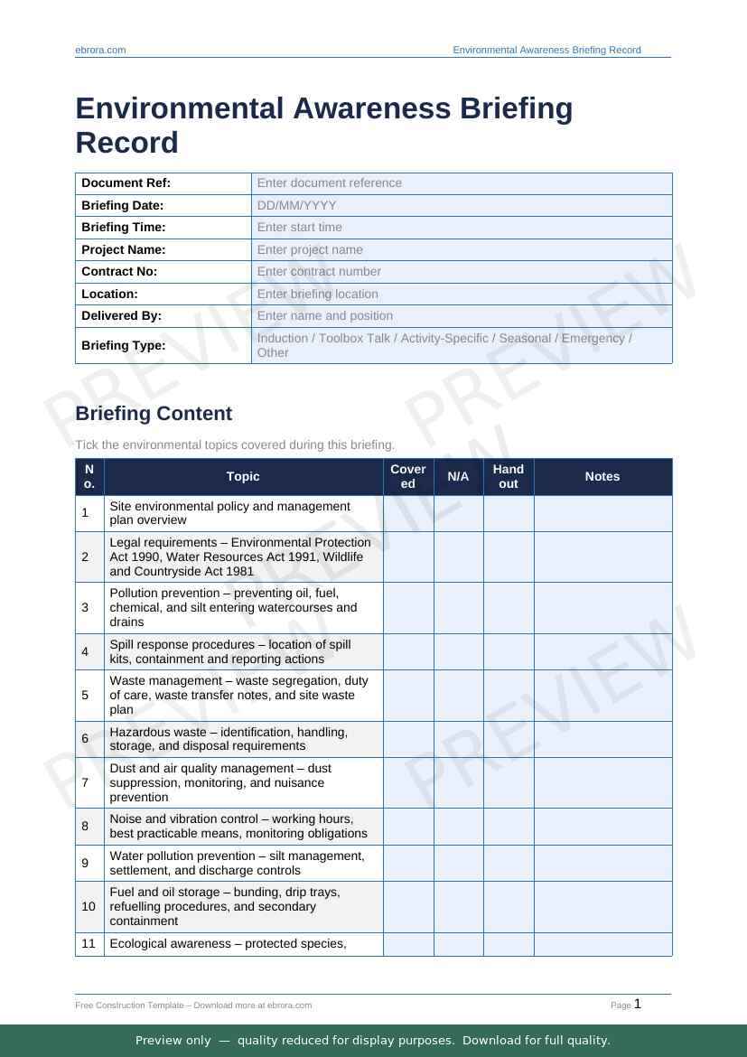 Preview of Environmental Awareness Briefing Record — first two pages at A4 size