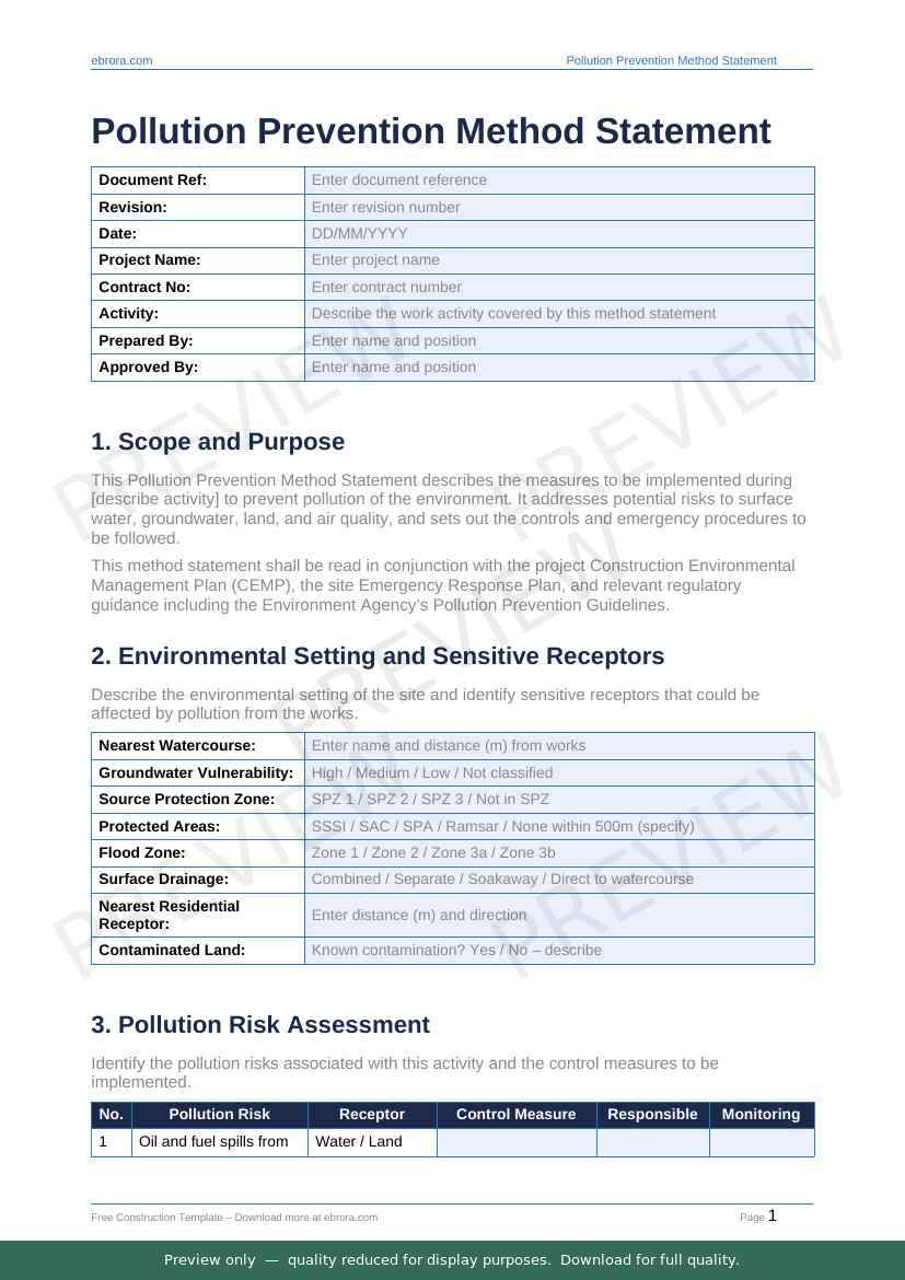 Preview of Pollution Prevention Method Statement — first two pages at A4 size
