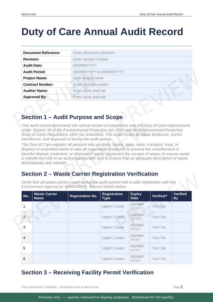 Preview of Duty of Care Annual Audit Record — first two pages at A4 size
