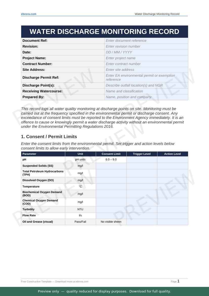 Preview of Water Discharge Monitoring Record — first two pages at A4 size