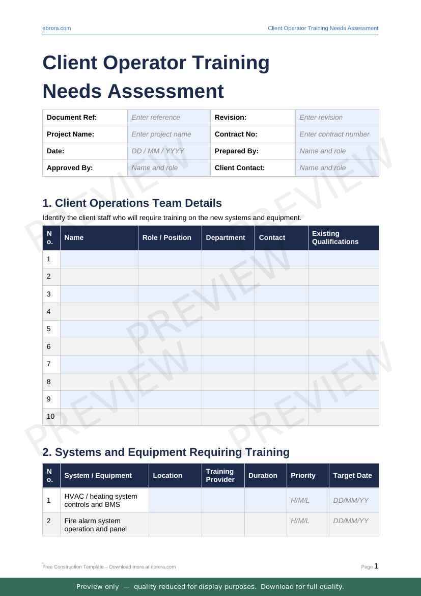 Preview of Client Operator Training Needs Assessment — first two pages at A4 size