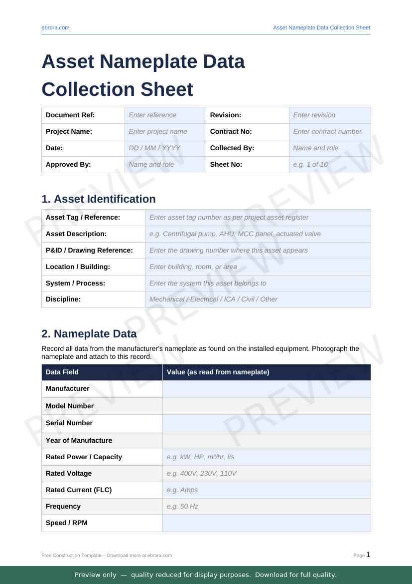 Preview of Asset Nameplate Data Collection Sheet — first two pages at A4 size