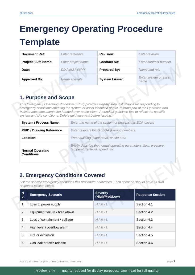 Preview of Emergency Operating Procedure Template — first two pages at A4 size