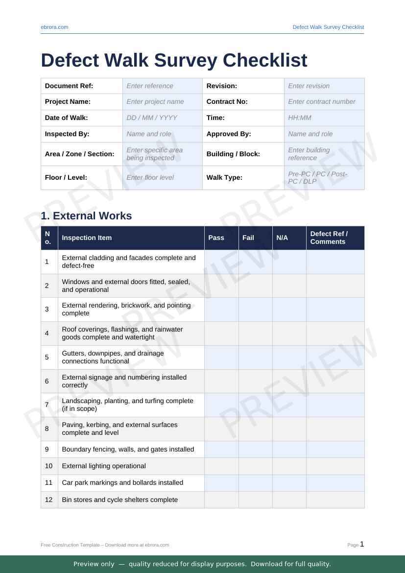 Preview of Defect Walk Survey Checklist — first two pages at A4 size