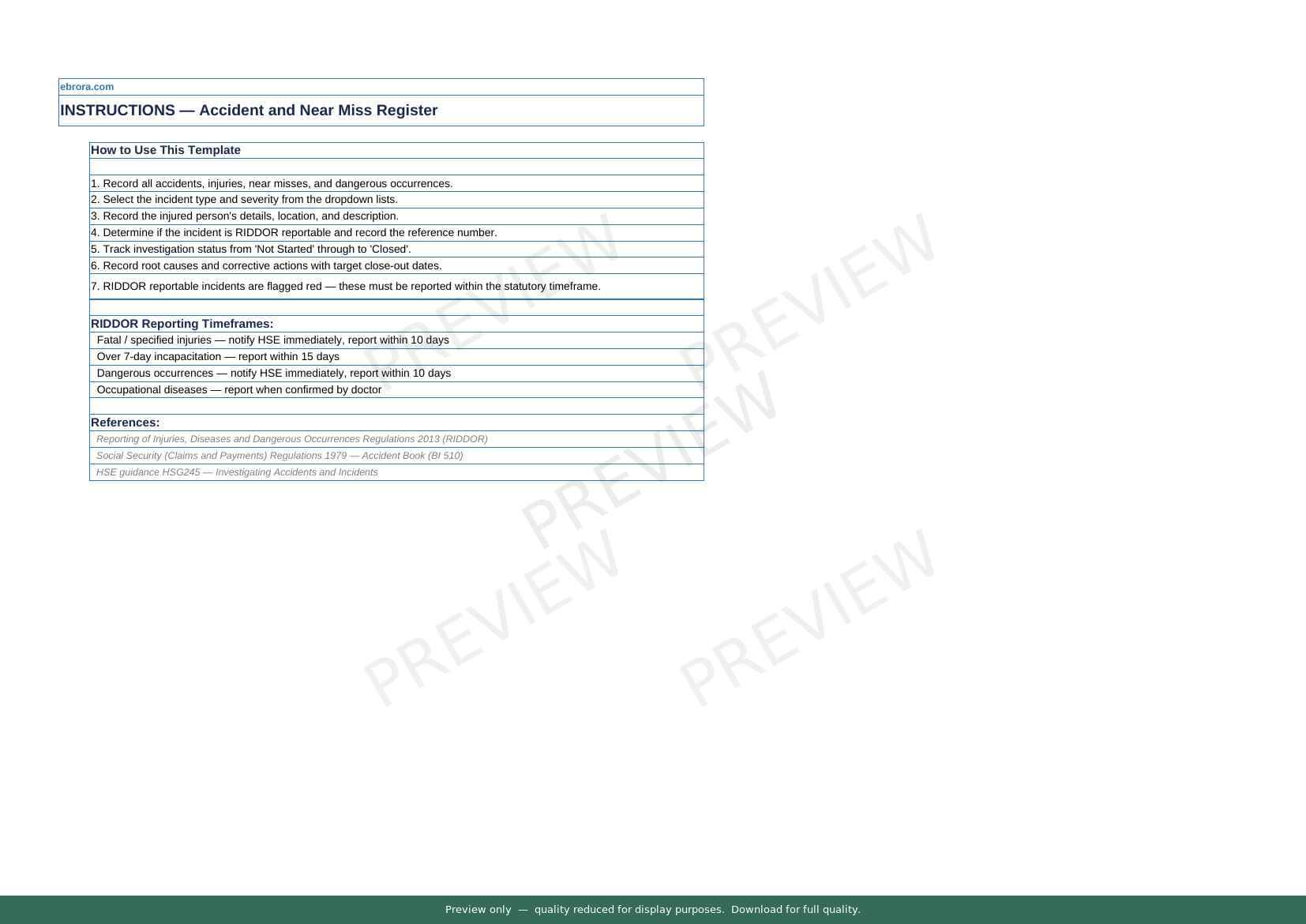 Preview of Accident and Near Miss Register — first two pages at A4 size