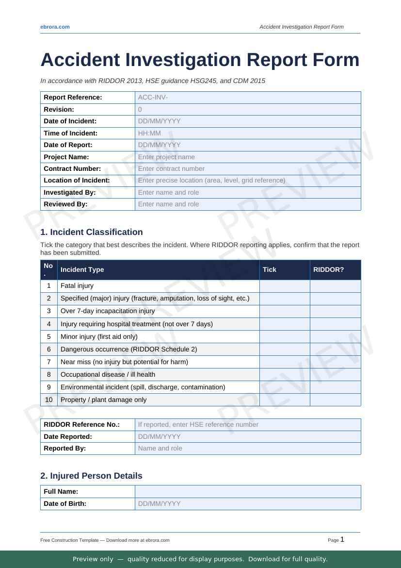 Preview of Accident Investigation Report Form — first two pages at A4 size