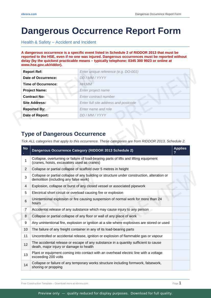 Preview of Dangerous Occurrence Report Form — first two pages at A4 size