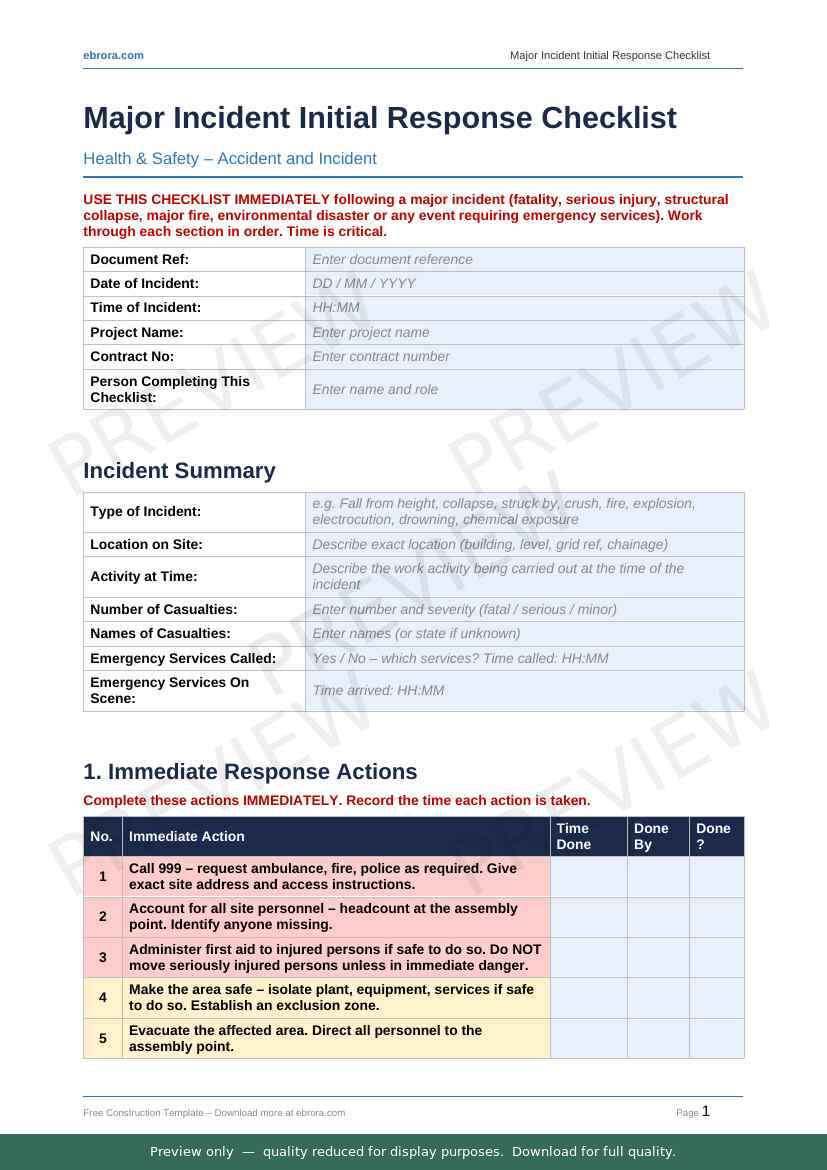 Preview of Major Incident Initial Response Checklist — first two pages at A4 size