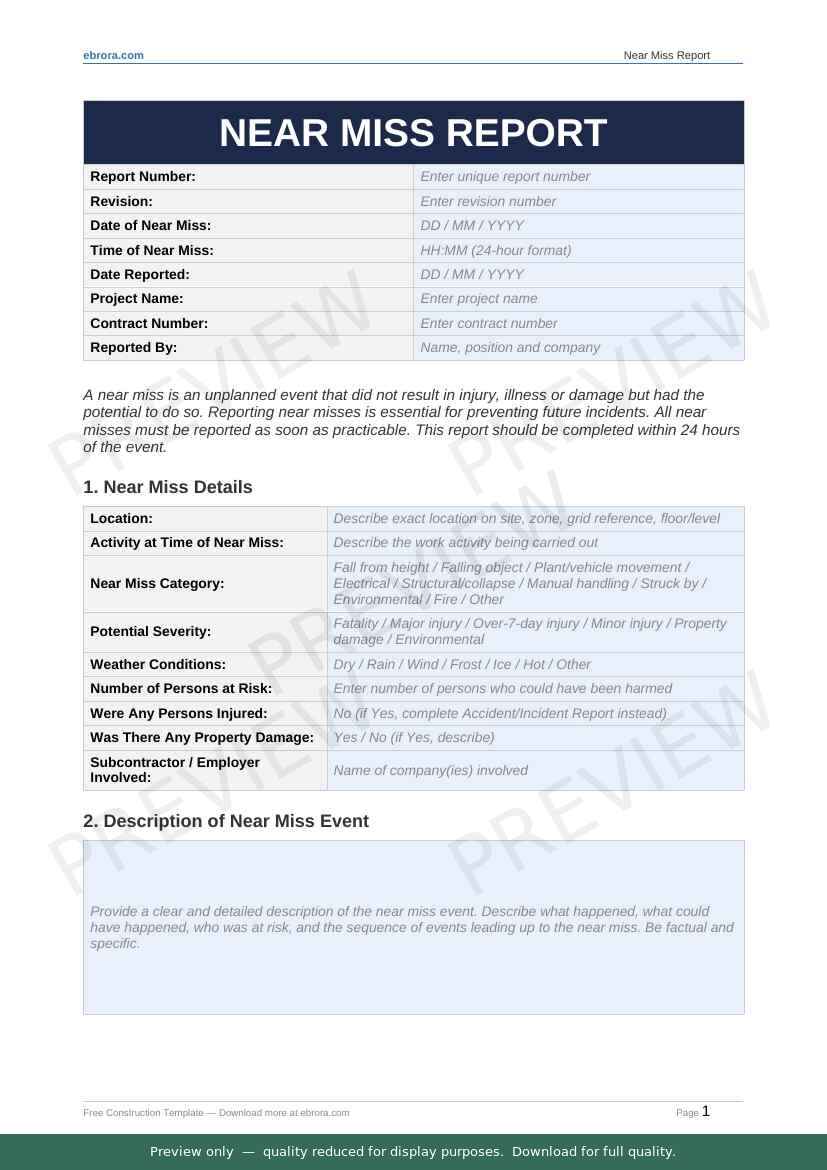 Preview of Near Miss Report — first two pages at A4 size