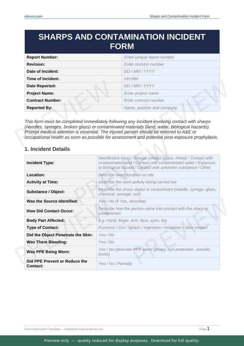 Preview of Sharps and Contamination Incident Form — first two pages at A4 size