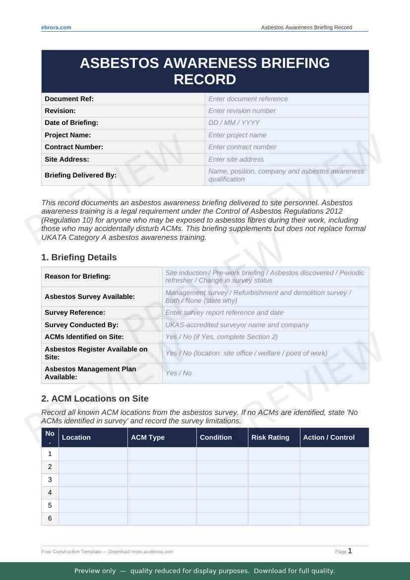 Preview of Asbestos Awareness Briefing Record — first two pages at A4 size