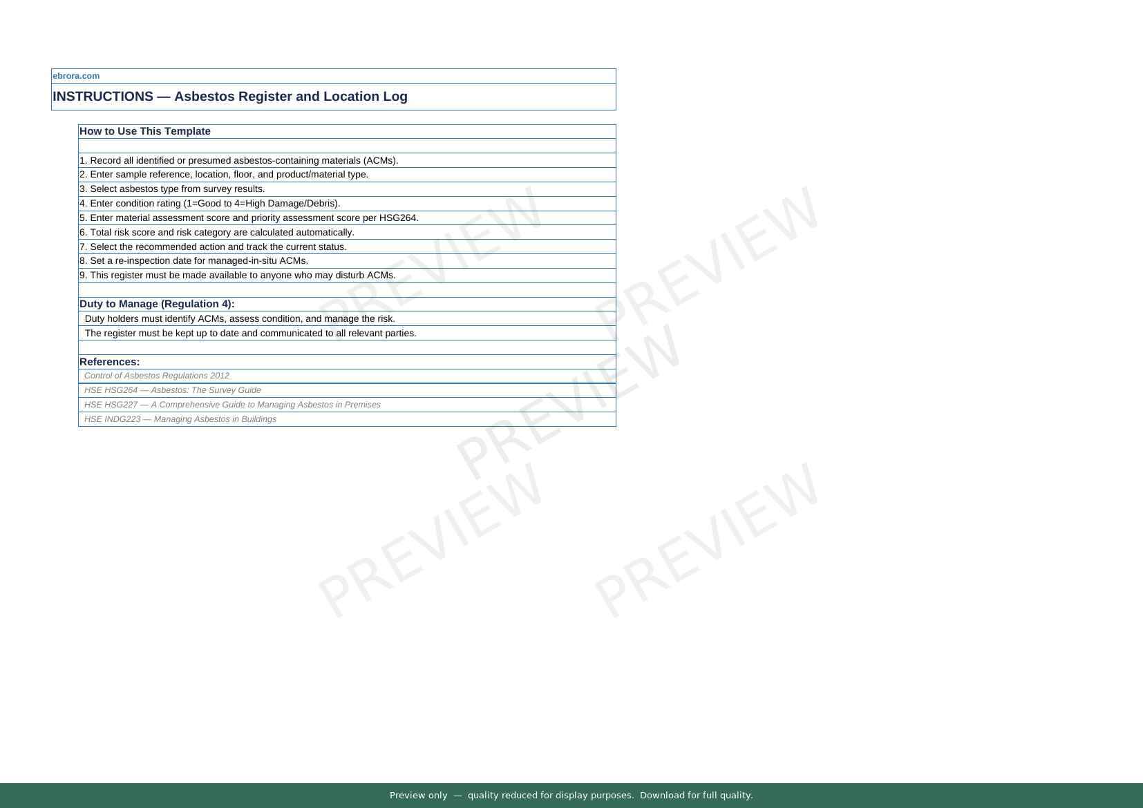 Preview of Asbestos Register and Location Log — first two pages at A4 size