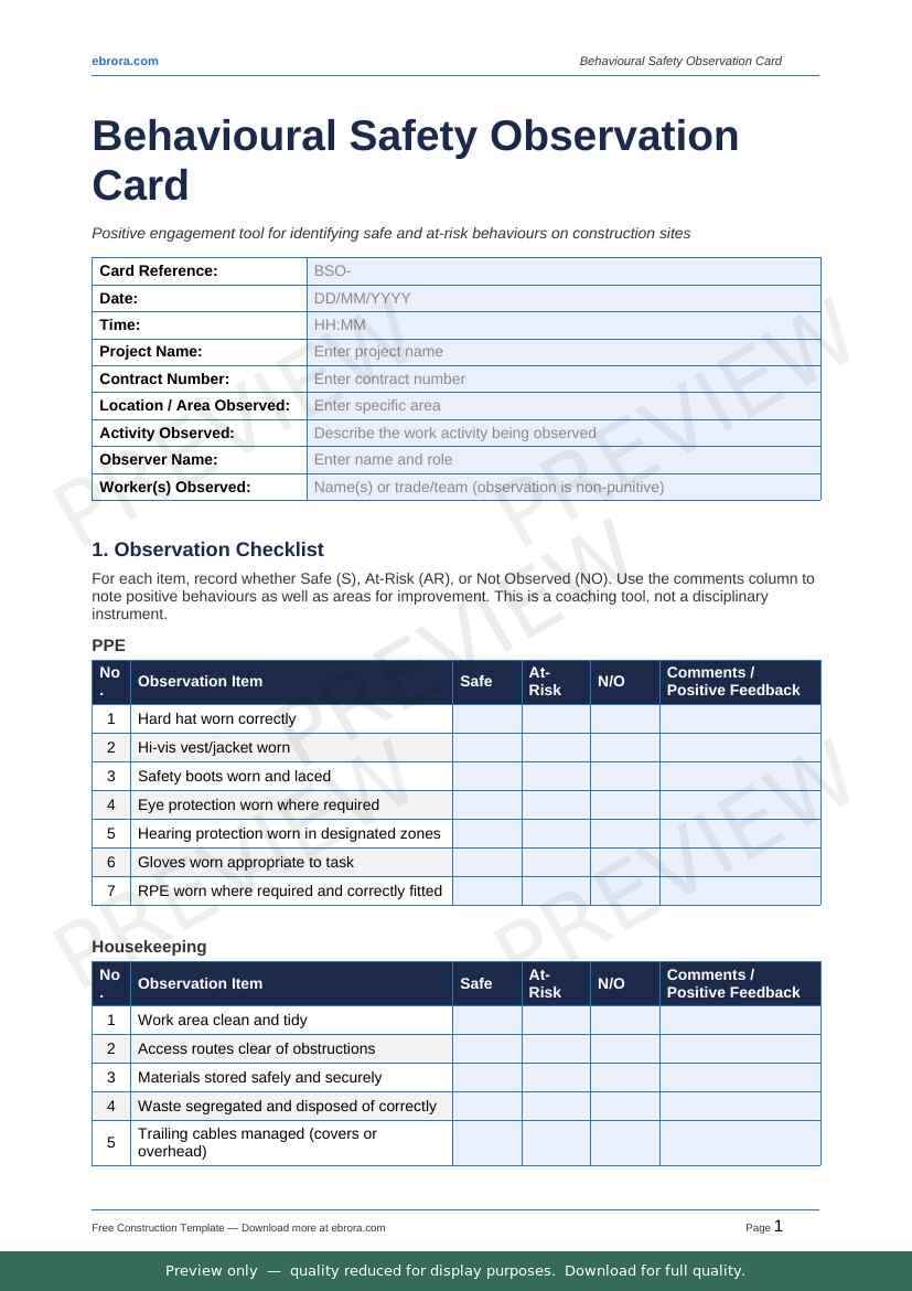Preview of Behavioural Safety Observation Card — first two pages at A4 size
