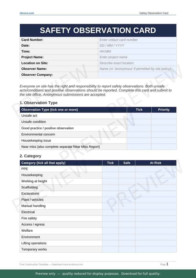 Preview of Safety Observation Card — first two pages at A4 size