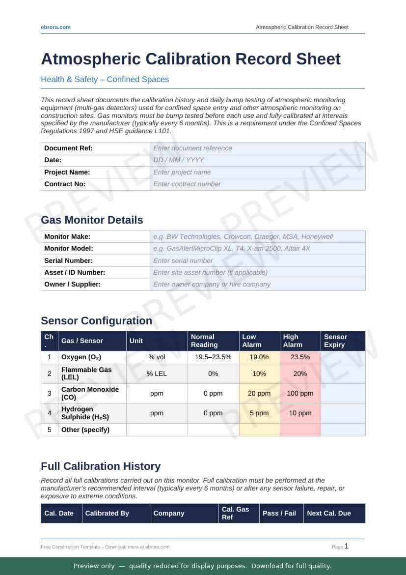 Preview of Atmospheric Calibration Record Sheet — first two pages at A4 size