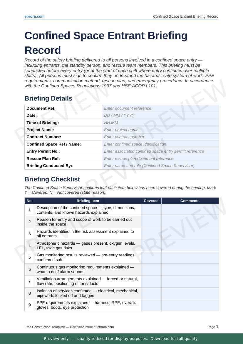 Preview of Confined Space Entrant Briefing Record — first two pages at A4 size