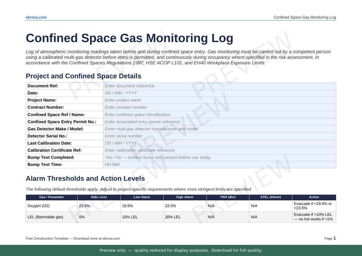 Preview of Confined Space Gas Monitoring Log — first two pages at A4 size