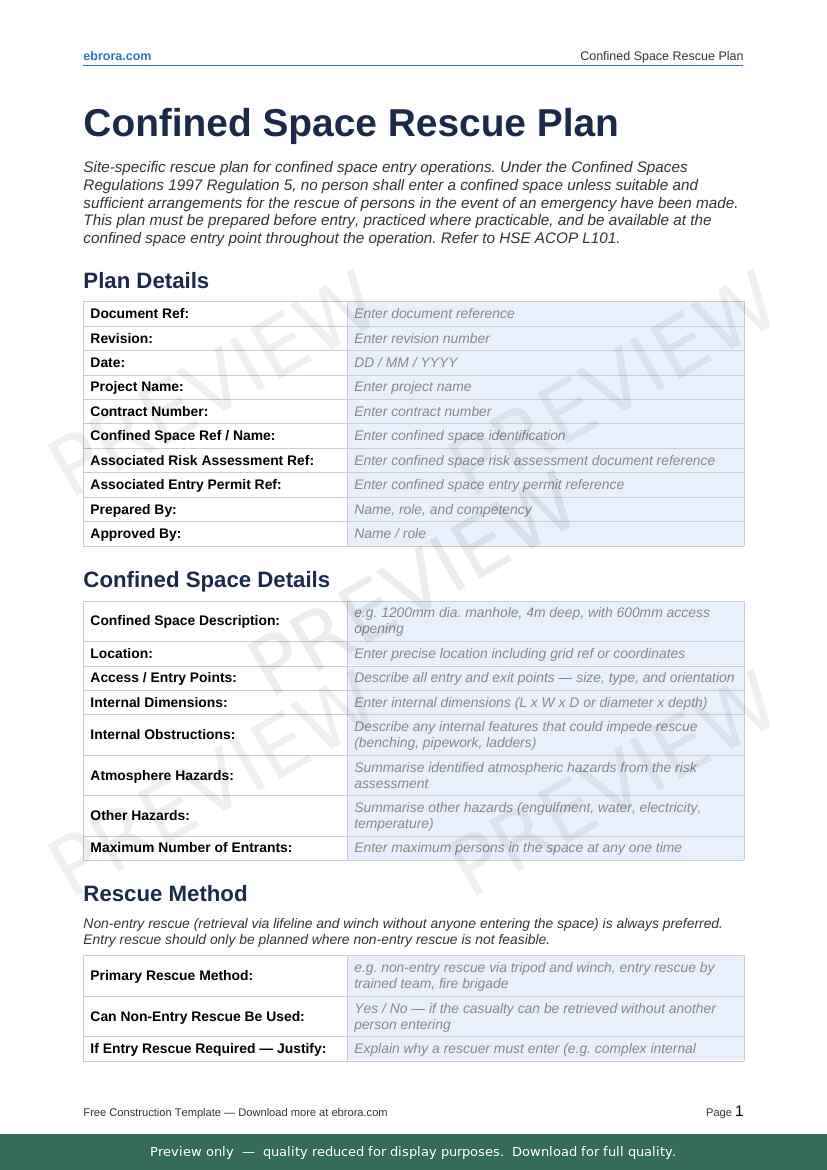 Preview of Confined Space Rescue Plan — first two pages at A4 size