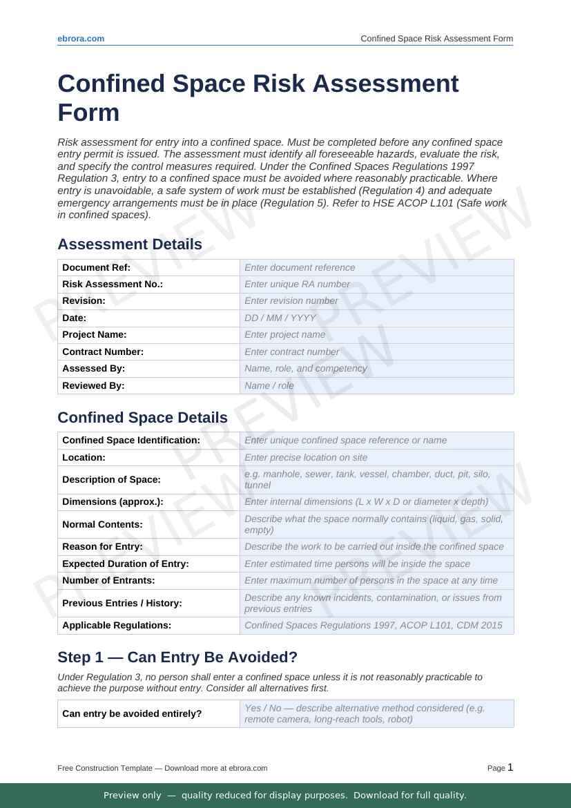 Preview of Confined Space Risk Assessment Form — first two pages at A4 size