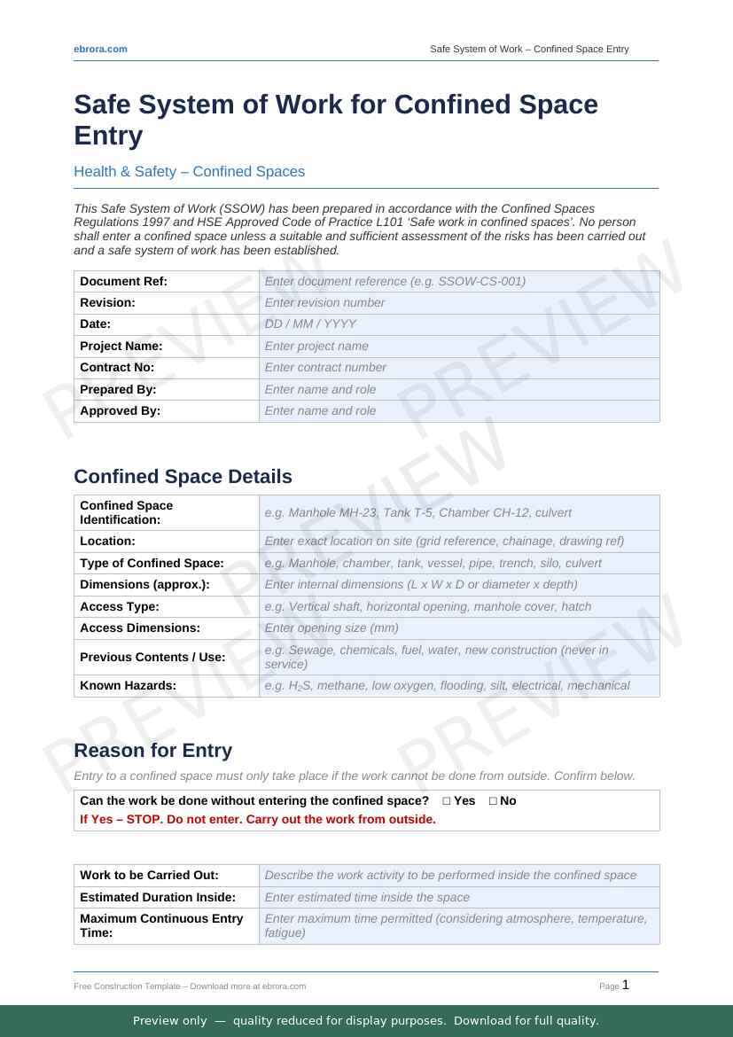 Preview of Safe System of Work for Confined Space Entry — first two pages at A4 size