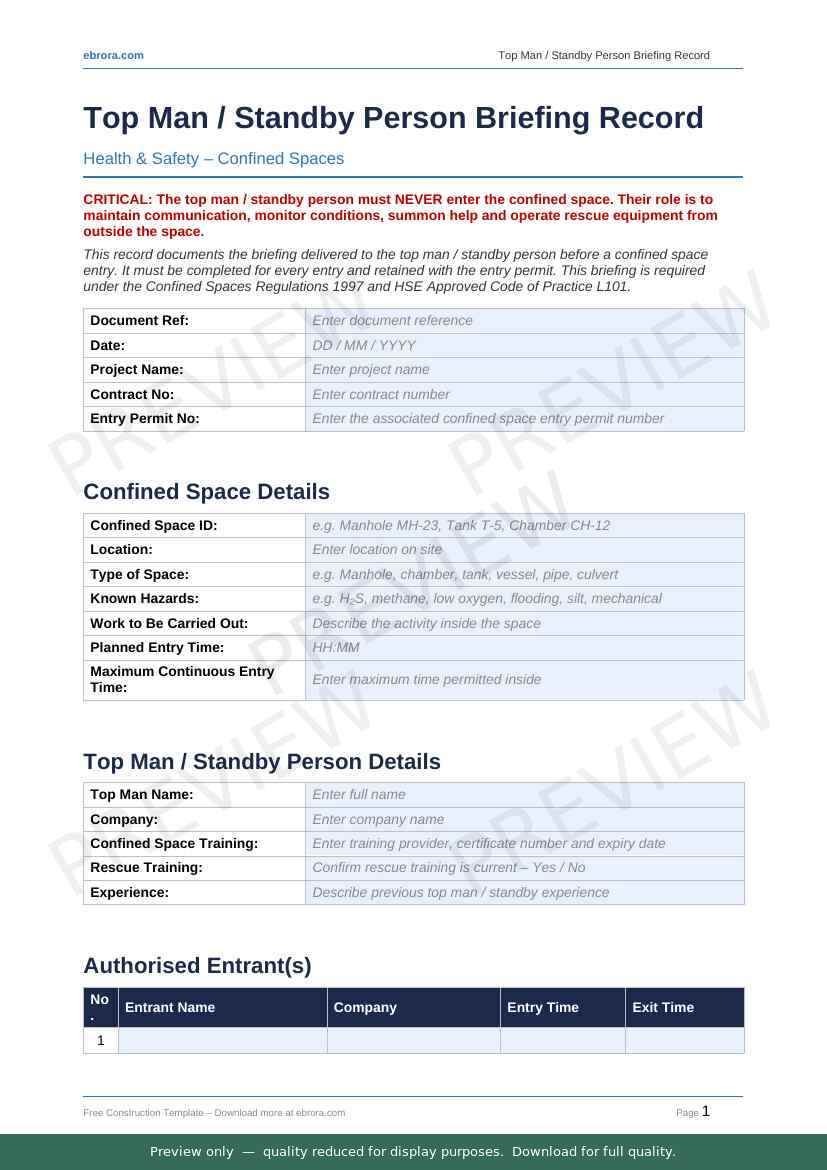 Preview of Top Man Standby Person Briefing Record — first two pages at A4 size