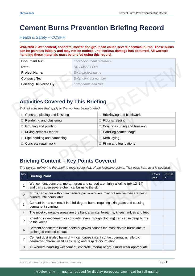Preview of Cement Burns Prevention Briefing Record — first two pages at A4 size