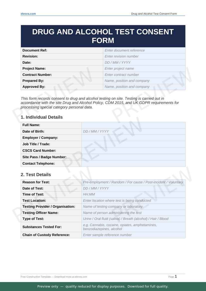 Preview of Drug and Alcohol Test Consent Form — first two pages at A4 size