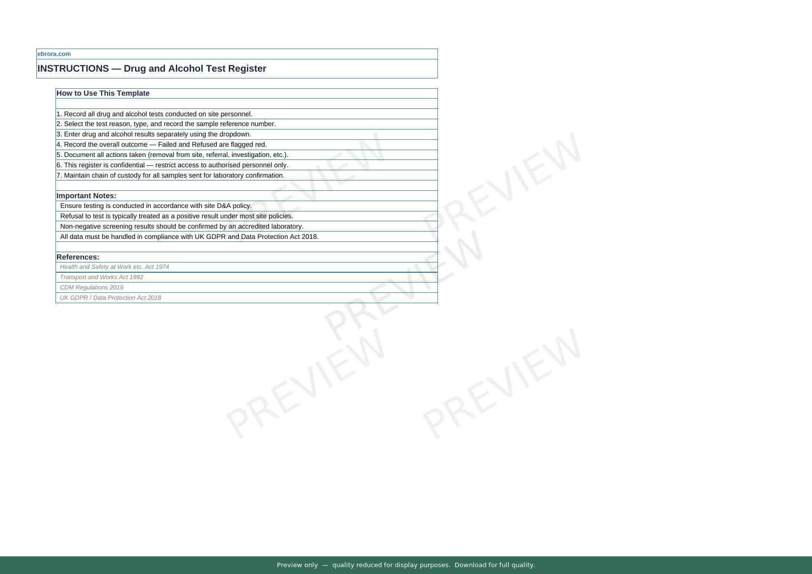 Preview of Drug and Alcohol Test Register — first two pages at A4 size