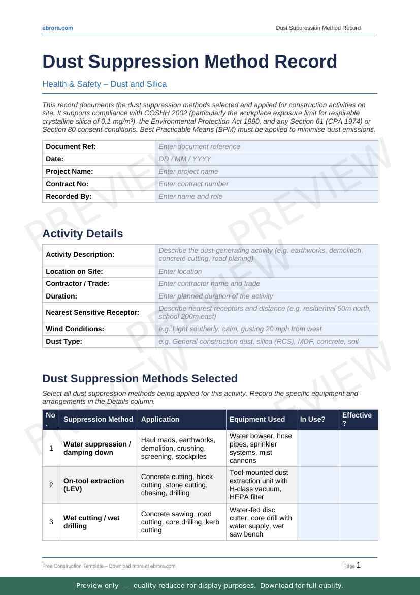Preview of Dust Suppression Method Record — first two pages at A4 size