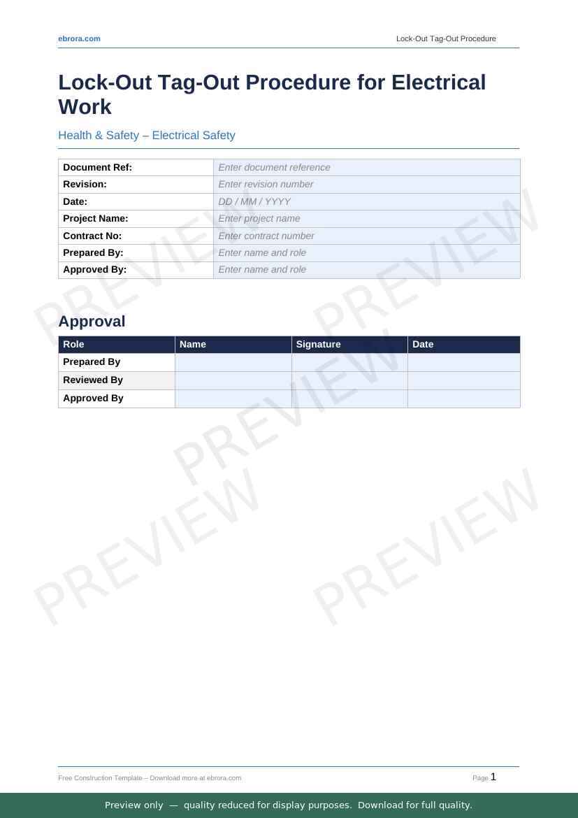 Preview of Lock Out Tag Out Procedure for Electrical Work — first two pages at A4 size