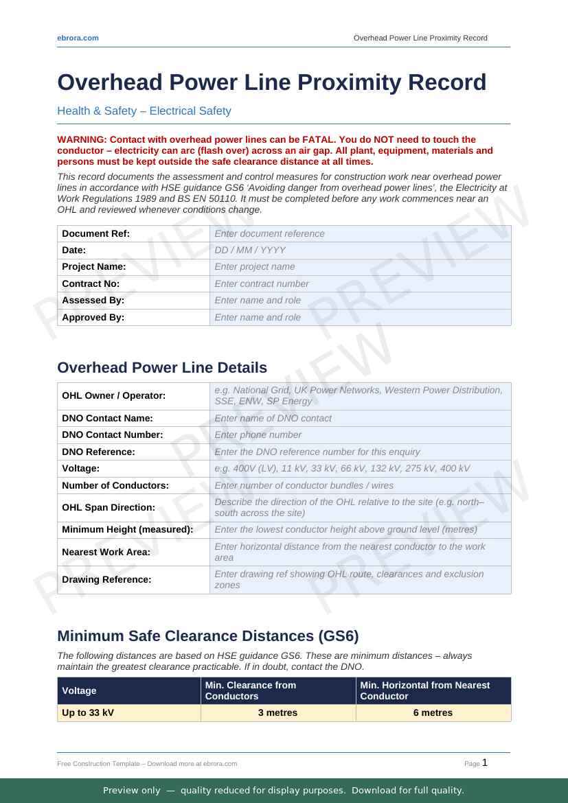 Preview of Overhead Power Line Proximity Record — first two pages at A4 size