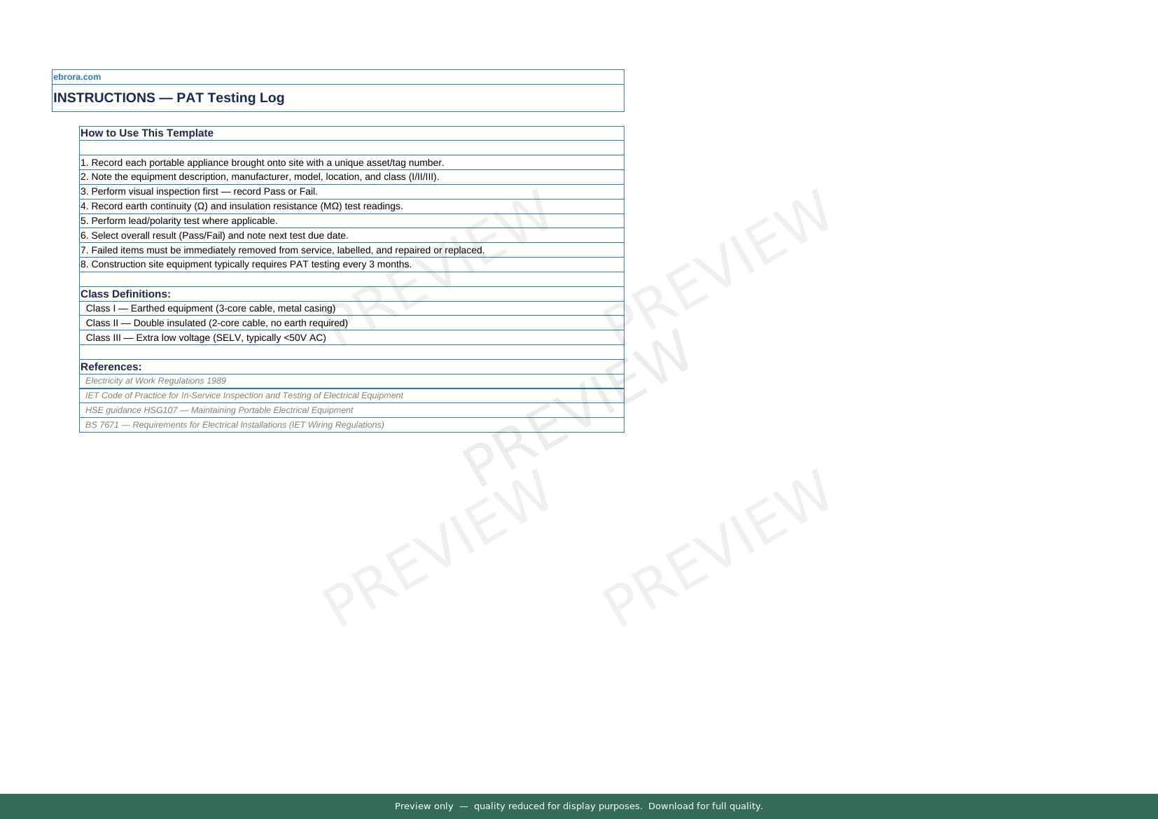 Preview of Pat Testing Log — first two pages at A4 size