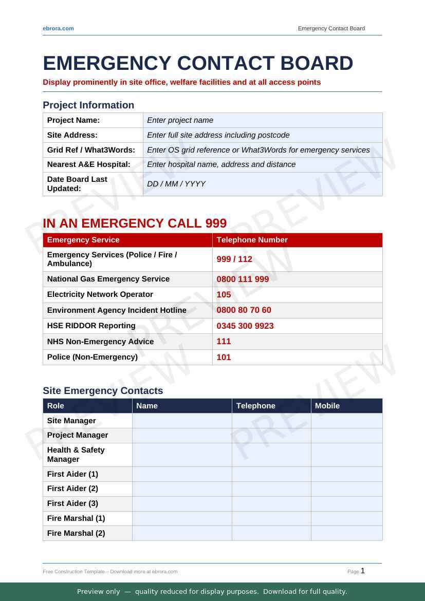 Preview of Emergency Contact Board Template — first two pages at A4 size